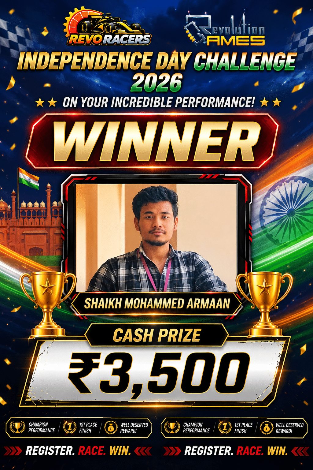 shaikh mohammad armaan -winner of independence day challenge in revo racers