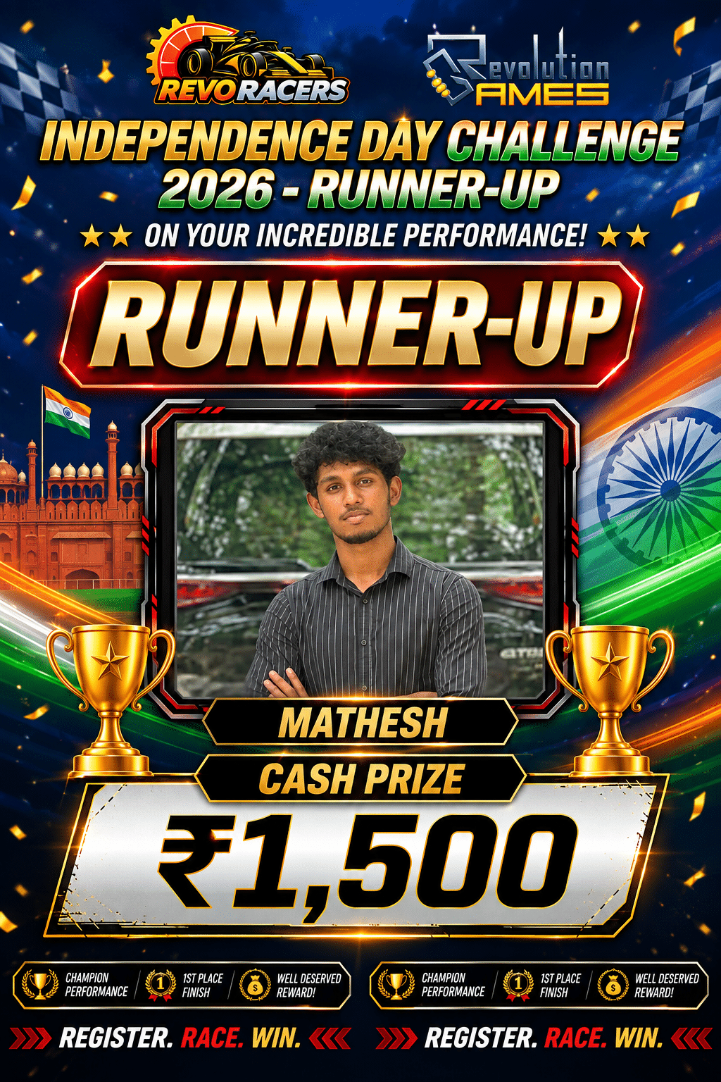 Mathesh -Runner up of independence day challenge in revo racers