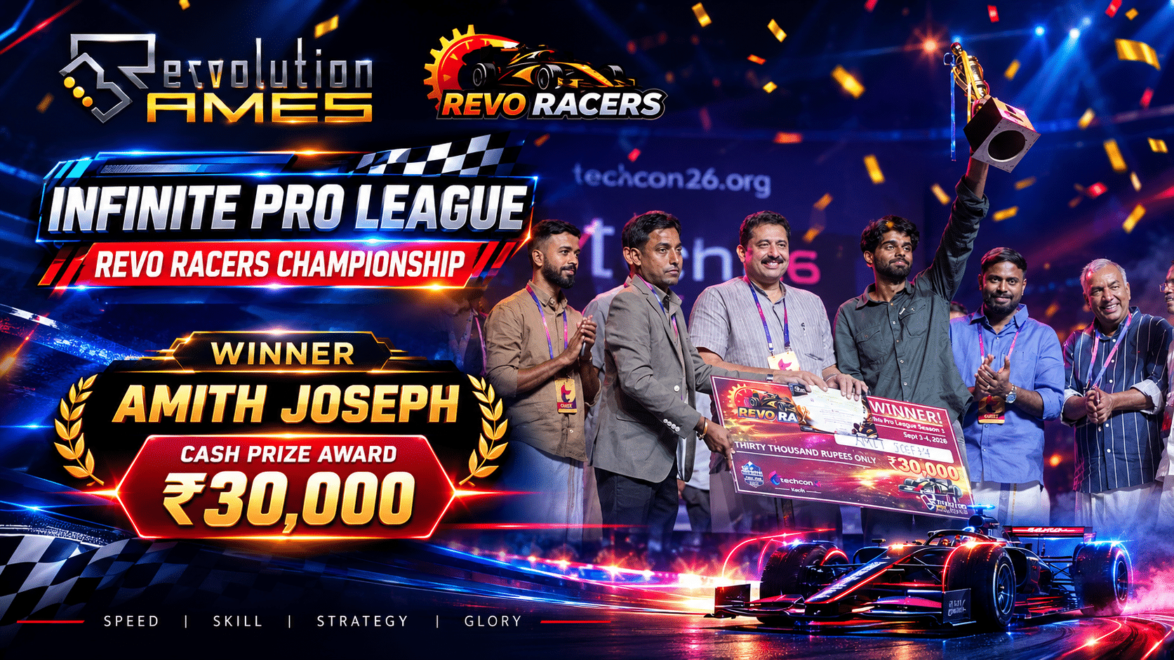 Winners of Infinite Pro League Kerala 2026 holding trophy and Rs 30,000 cheque