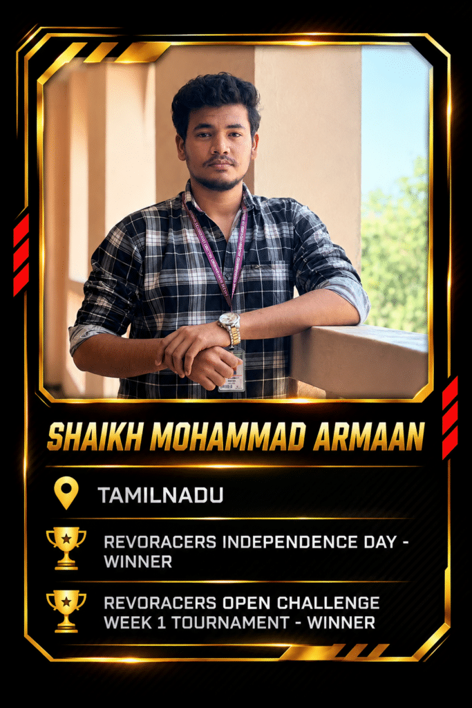 Revo Racers brand ambassador Shaikh Mohammad Armaan from Tamil Nadu, winner of the Independence Day Challenge and Open Challenge Week 1 Tournament