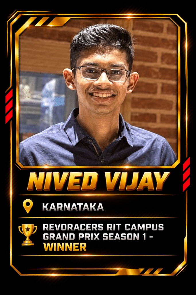Revo Racers brand ambassador Nived Vijay from Karnataka, winner of the Revo Racers RIT Campus Grand Prix Season 1