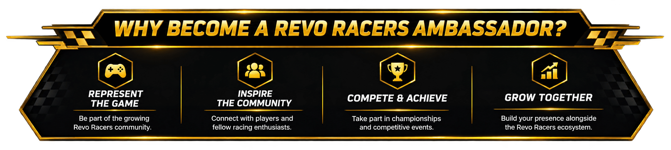 Benefits of becoming a Revo Racers brand ambassador, including representing the game, inspiring the community, competing in championships, and growing together