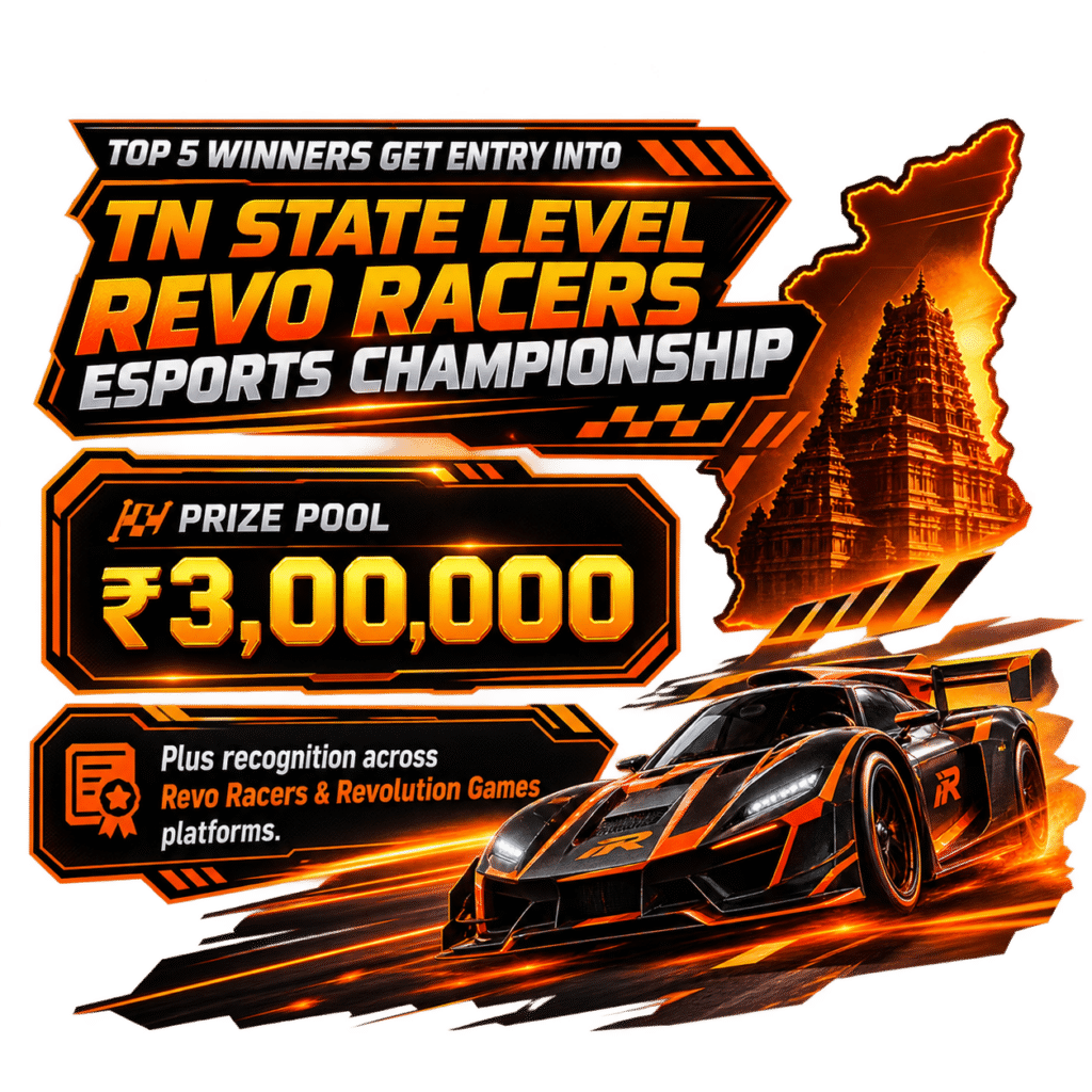 Revo Racers Tamil Nadu state-level esports championship featuring a ₹3,00,000 prize pool and racing cars
