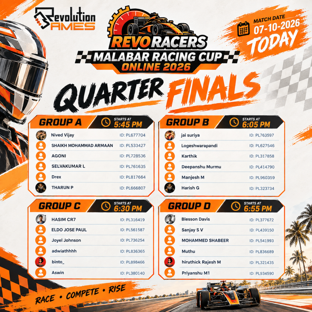 Revo Racers Malabar Racing Cup 2026 quarter-finals leaderboard showing Groups A, B, C and D, player names, match schedules and race timings