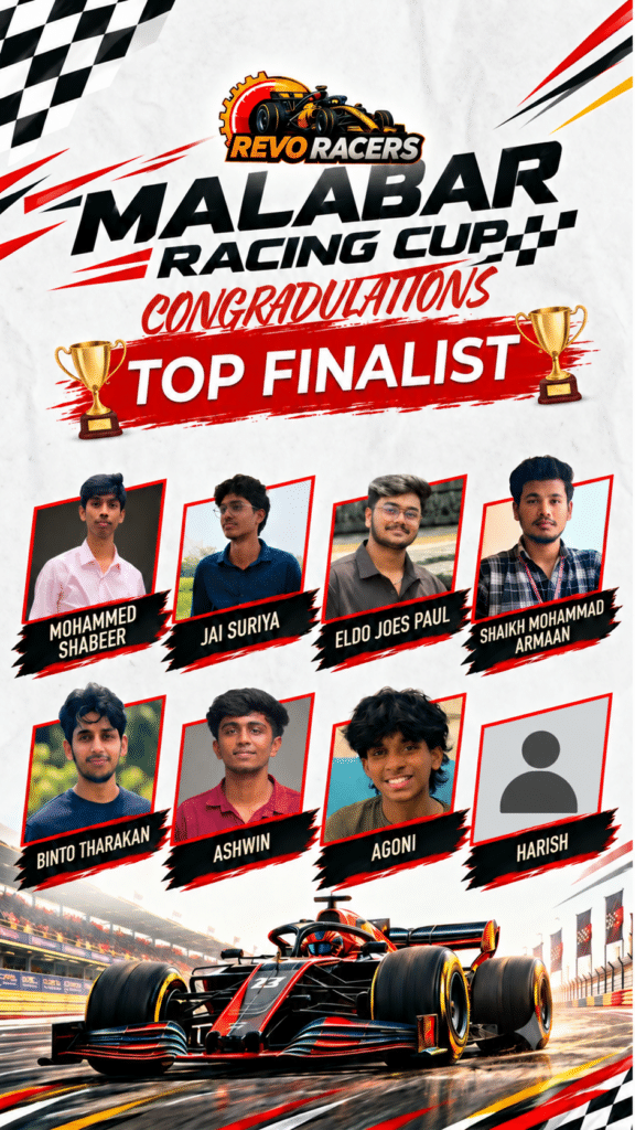 Malabar Racing Cup 2026 top finalists featuring competing Revo Racers players and racing championship branding